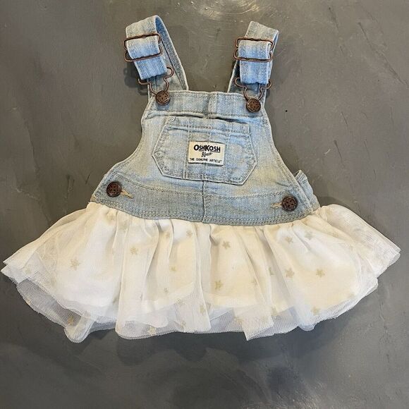 OshKosh B’gosh Other - Oshkosh B'gosh Overall Dress Size 3M Denim White Tulle Metallic Gold Stars Tutu